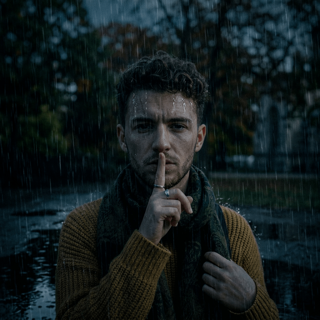 Woman with curly hair wearing mustard sweater and green scarf, holding finger to lips signaling silence